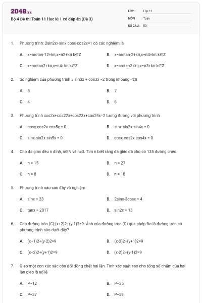 Bộ 4 Đề thi Toán 11 Học kì 1 có đáp án (Đề 3)