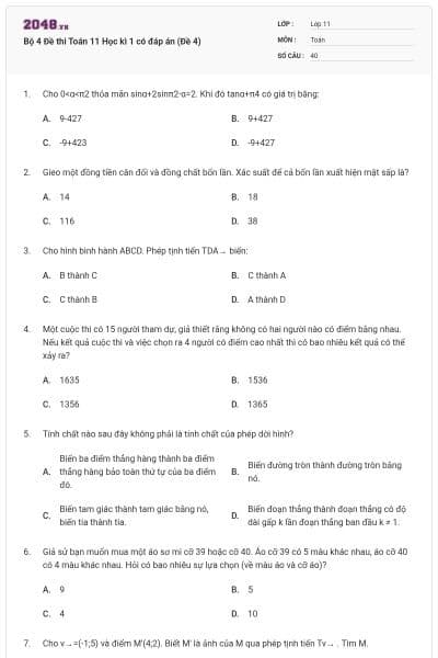 Bộ 4 Đề thi Toán 11 Học kì 1 có đáp án (Đề 4)