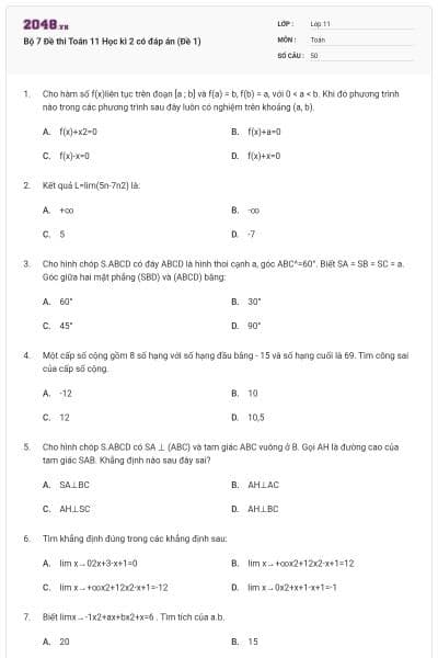 Bộ 7 Đề thi Toán 11 Học kì 2 có đáp án (Đề 1)