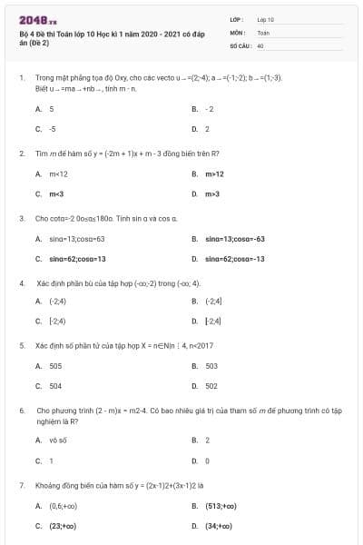 Bộ 4 Đề thi Toán lớp 10 Học kì 1 năm 2020 - 2021 có đáp án (Đề 2)
