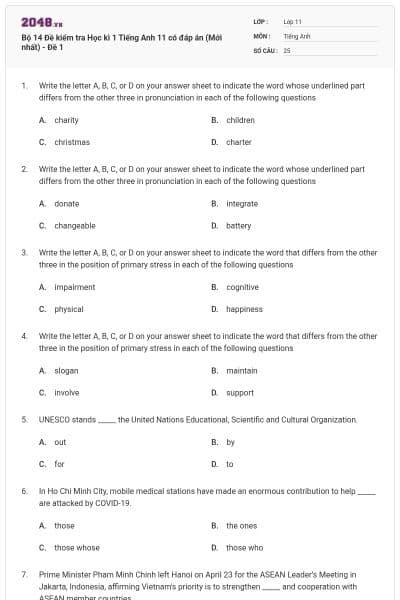 Bộ 14 Đề kiểm tra Học kì 1 Tiếng Anh 11 có đáp án (Mới nhất) - Đề 1