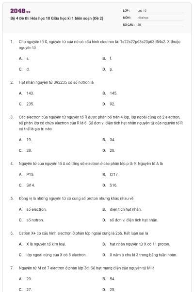 Bộ 4 Đề thi Hóa học 10 Giữa học kì 1 biên soạn (Đề 2)