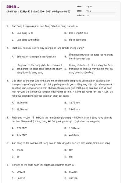 Đề thi Vật lí 12 Học kì 2 năm 2020 - 2021 có đáp án (Đề 2)