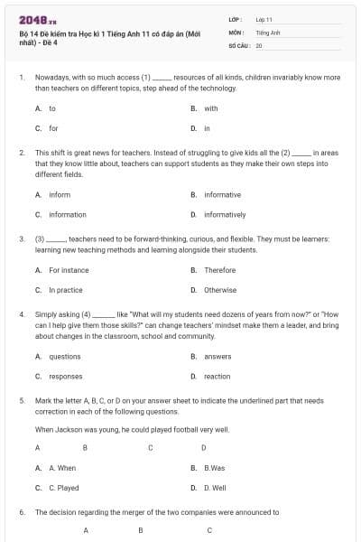 Bộ 14 Đề kiểm tra Học kì 1 Tiếng Anh 11 có đáp án (Mới nhất) - Đề 4