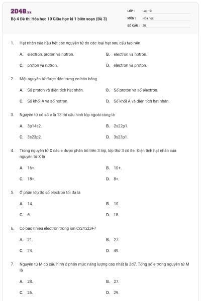 Bộ 4 Đề thi Hóa học 10 Giữa học kì 1 biên soạn (Đề 3)