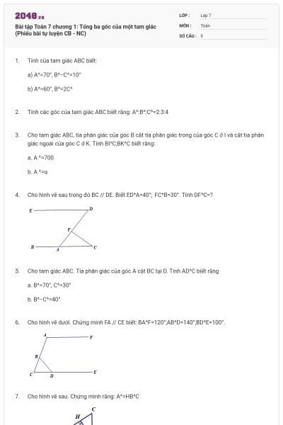 Bài tập Toán 7 chương 1: Tổng ba góc của một tam giác (Phiếu bài tự luyện CB - NC)
