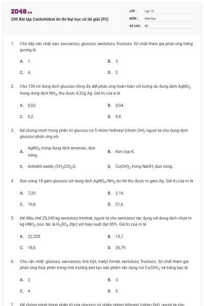 200 Bài tập Cacbohidrat ôn thi Đại học có lời giải (P2)