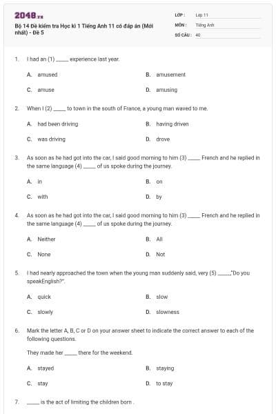 Bộ 14 Đề kiểm tra Học kì 1 Tiếng Anh 11 có đáp án (Mới nhất) - Đề 5