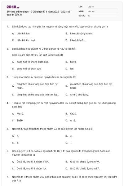 Bộ 4 Đề thi Hóa học 10 Giữa học kì 1 năm 2020 - 2021 có đáp án (Đề 3)