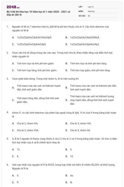Bộ 4 Đề thi Hóa học 10 Giữa học kì 1 năm 2020 - 2021 có đáp án (Đề 4)