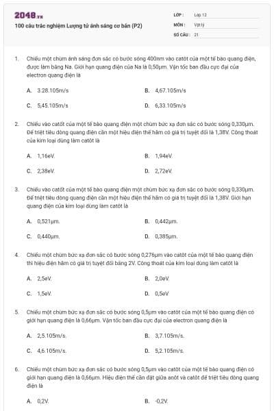 100 câu trắc nghiệm Lượng tử ánh sáng cơ bản (P2)