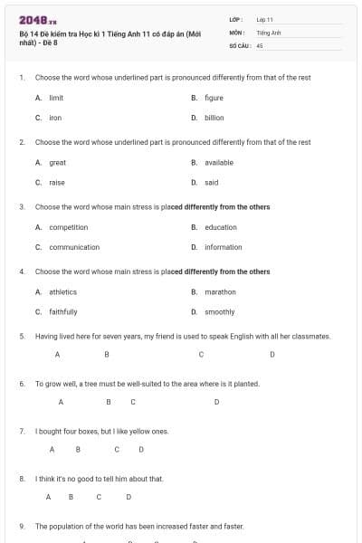 Bộ 14 Đề kiểm tra Học kì 1 Tiếng Anh 11 có đáp án (Mới nhất) - Đề 8