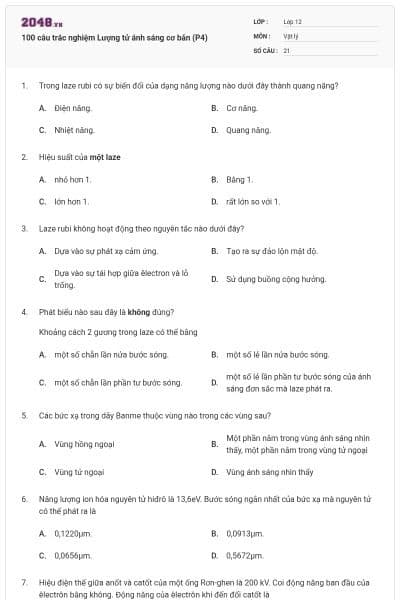 100 câu trắc nghiệm Lượng tử ánh sáng cơ bản (P4)