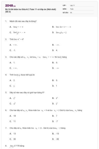 Bộ 24 Đề kiểm tra Giữa kì 2 Toán 11 có đáp án (Mới nhất) (Đề 3)