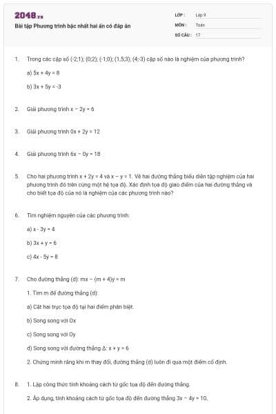 Bài tập Phương trình bậc nhất hai ẩn có đáp án