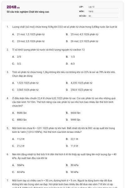 50 câu trắc nghiệm Chất khí nâng cao