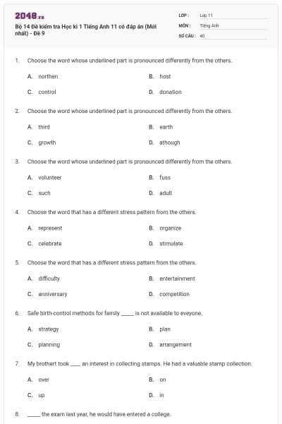 Bộ 14 Đề kiểm tra Học kì 1 Tiếng Anh 11 có đáp án (Mới nhất) - Đề 9