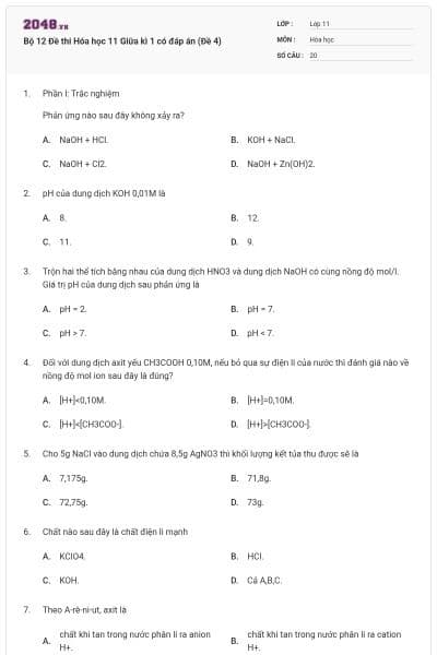 Bộ 12 Đề thi Hóa học 11 Giữa kì 1 có đáp án (Đề 4)