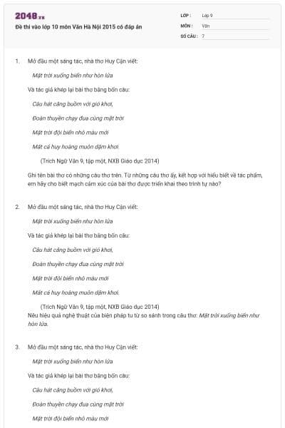 Đề thi vào lớp 10 môn Văn Hà Nội 2015 có đáp án