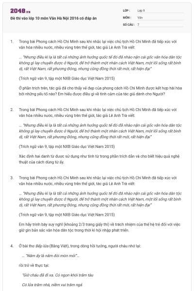 Đề thi vào lớp 10 môn Văn Hà Nội 2016 có đáp án