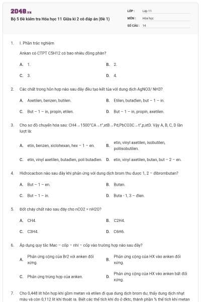 Bộ 5 Đề kiểm tra Hóa học 11 Giữa kì 2 có đáp án (Đề 1)