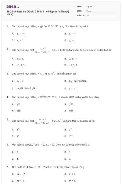 Bộ 24 Đề kiểm tra Giữa kì 2 Toán 11 có đáp án (Mới nhất) (Đề 4)