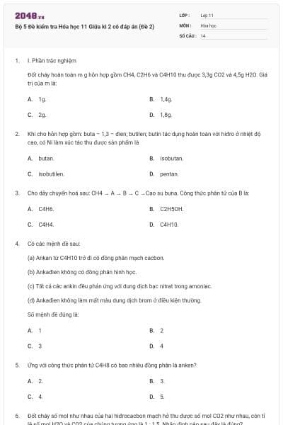 Bộ 5 Đề kiểm tra Hóa học 11 Giữa kì 2 có đáp án (Đề 2)