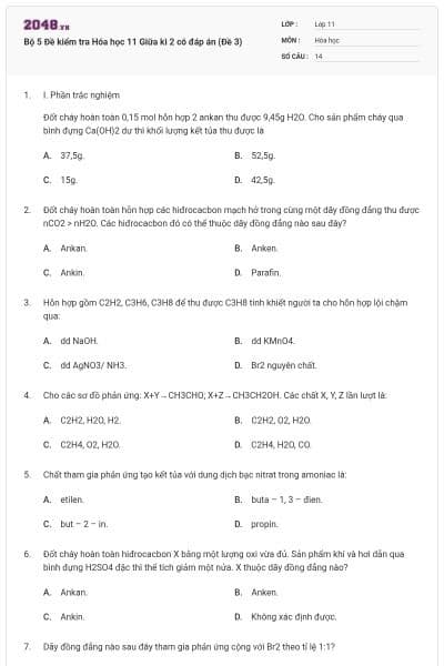 Bộ 5 Đề kiểm tra Hóa học 11 Giữa kì 2 có đáp án (Đề 3)