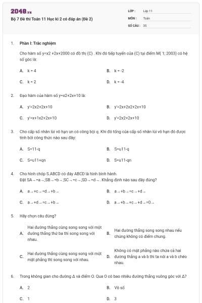 Bộ 7 Đề thi Toán 11 Học kì 2 có đáp án (Đề 2)