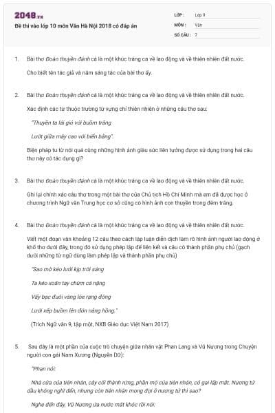 Đề thi vào lớp 10 môn Văn Hà Nội 2018 có đáp án