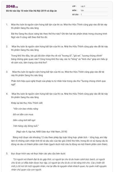 Đề thi vào lớp 10 môn Văn Hà Nội 2019 có đáp án