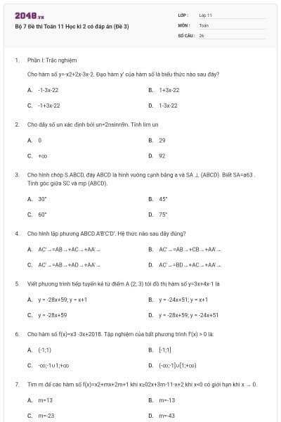 Bộ 7 Đề thi Toán 11 Học kì 2 có đáp án (Đề 3)