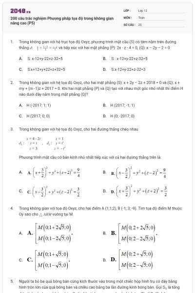 200 câu trắc nghiệm Phương pháp tọa độ trong không gian nâng cao (P5)