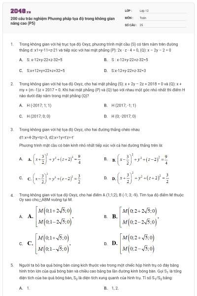 200 câu trắc nghiệm Phương pháp tọa độ trong không gian nâng cao (P5)
