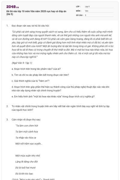 Đề thi vào lớp 10 môn Văn năm 2020 cực hay có đáp án (Đề 5)