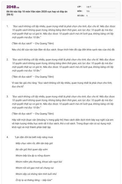 Đề thi vào lớp 10 môn Văn năm 2020 cực hay có đáp án (Đề 6)