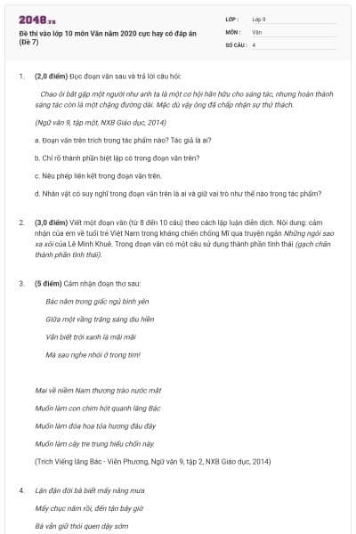 Đề thi vào lớp 10 môn Văn năm 2020 cực hay có đáp án (Đề 7)