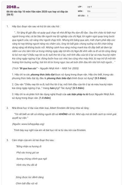 Đề thi vào lớp 10 môn Văn năm 2020 cực hay có đáp án (Đề 8)