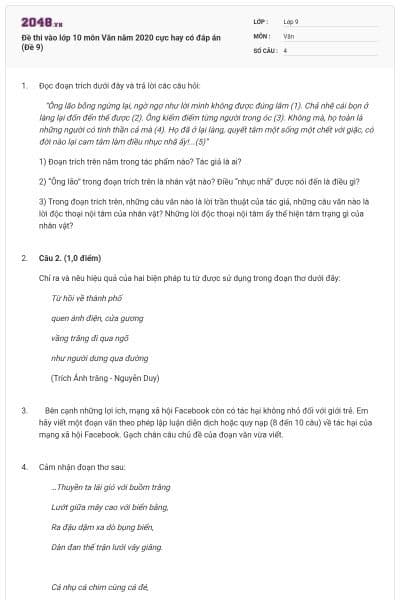 Đề thi vào lớp 10 môn Văn năm 2020 cực hay có đáp án (Đề 9)