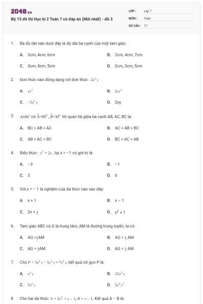 Bộ 15 đề thi Học kì 2 Toán 7 có đáp án (Mới nhất) - đề 3