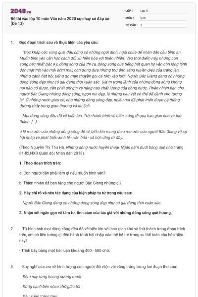 Đề thi vào lớp 10 môn Văn năm 2020 cực hay có đáp án (Đề 13)
