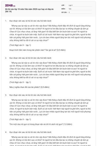 Đề thi vào lớp 10 môn Văn năm 2020 cực hay có đáp án (Đề 14)