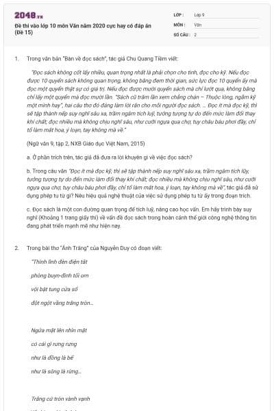 Đề thi vào lớp 10 môn Văn năm 2020 cực hay có đáp án (Đề 15)