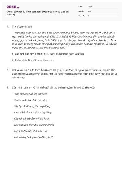 Đề thi vào lớp 10 môn Văn năm 2020 cực hay có đáp án (Đề 17)
