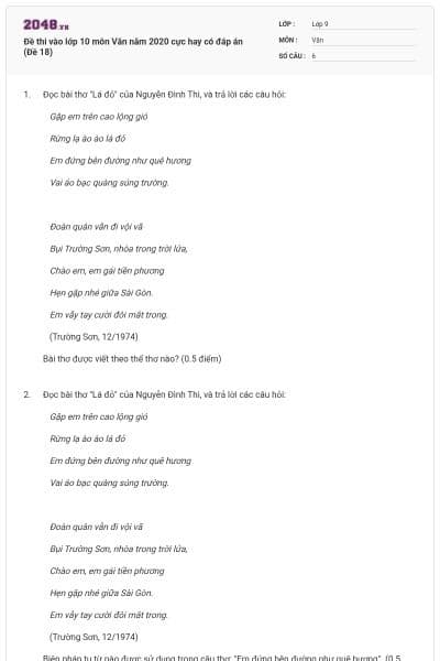 Đề thi vào lớp 10 môn Văn năm 2020 cực hay có đáp án (Đề 18)
