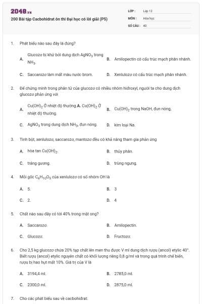 200 Bài tập Cacbohidrat ôn thi Đại học có lời giải (P5)