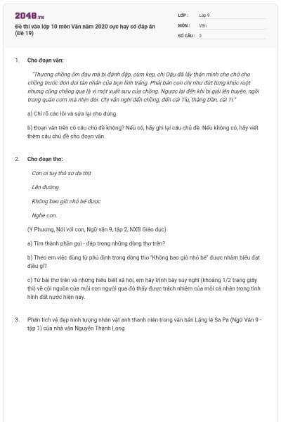 Đề thi vào lớp 10 môn Văn năm 2020 cực hay có đáp án (Đề 19)