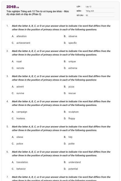Trắc nghiệm Tiếng anh 12 Tìm từ có trọng âm khác - Mức độ nhận biết có đáp án (Phần 3)