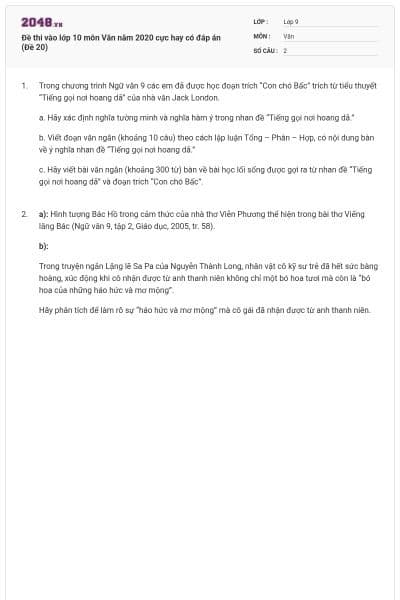 Đề thi vào lớp 10 môn Văn năm 2020 cực hay có đáp án (Đề 20)