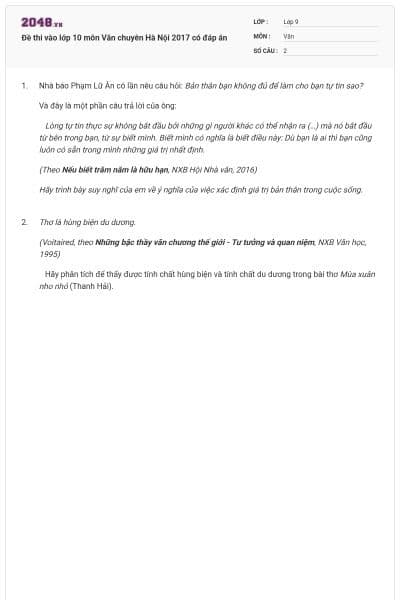 Đề thi vào lớp 10 môn Văn chuyên Hà Nội 2017 có đáp án